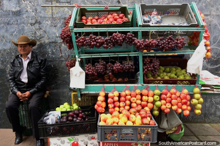 Mas, pras, uvas e ameixas, fruta fresca de venda em uma esquina de rua em Tunja. (720x480px). Colmbia, Amrica do Sul.