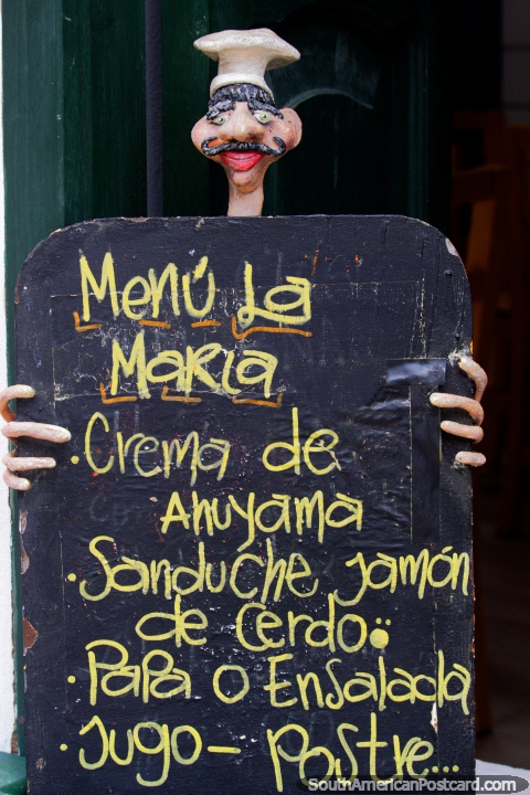 Menu board with soup, ham sandwich, potato or salad, juice and desert, Villa de Leyva. (480x720px). Colombia, South America.