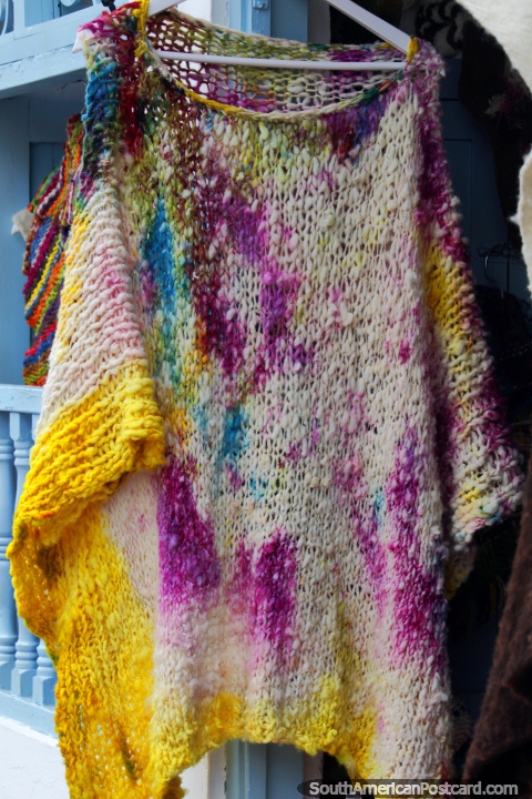 Stained woolen shawl with nice colors and design for sale in Villa de Leyva. (480x720px). Colombia, South America.