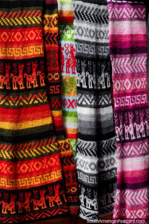 Colorful woolen Andean scarves for the cool climate in and around Villa de Leyva. (480x720px). Colombia, South America.