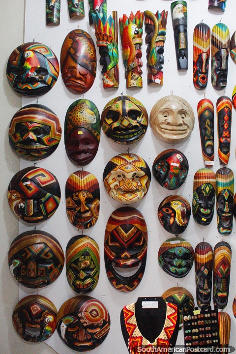 Painted masks in many designs for sale at Arte Bonshana for $20-$30USD in Villa de Leyva. (480x720px). Colombia, South America.