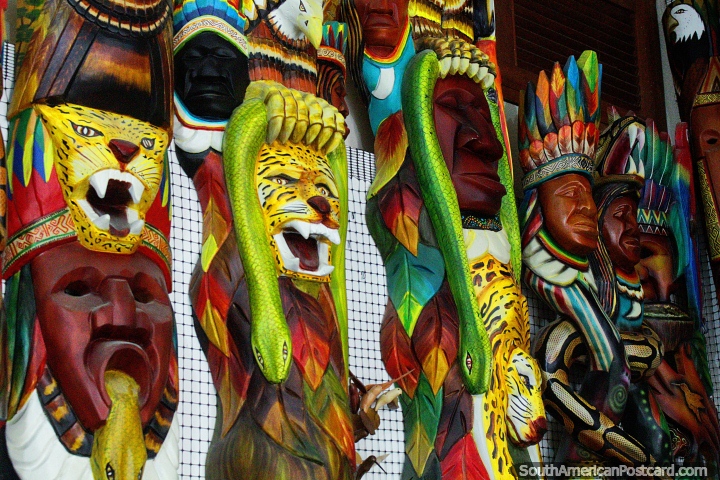 Snakes, tigers and indigenous faces, masks and art for sale in Villa de Leyva. (720x480px). Colombia, South America.