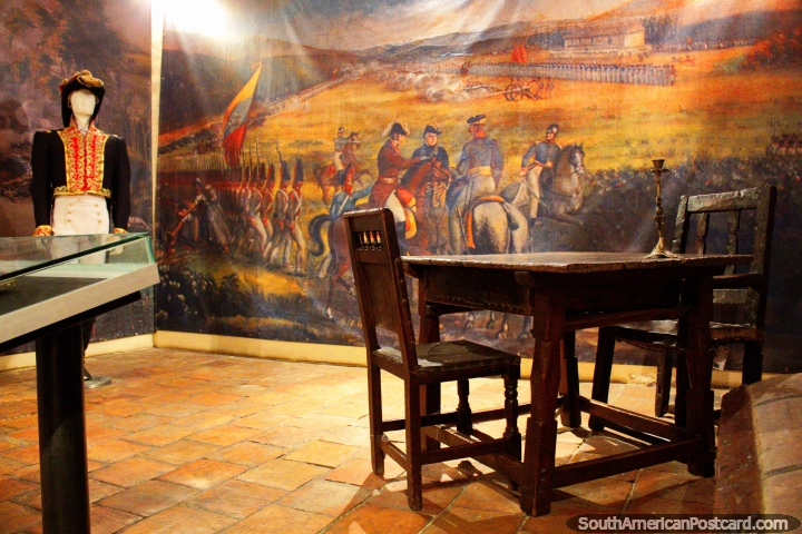 Battle scene painting and uniform of political and military leader Antonio Narino in Villa de Leyva. (720x480px). Colombia, South America.