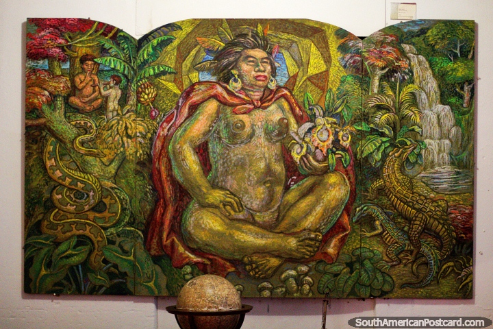 Woman with alligators and snakes in the jungle, painting by Luis Alberto Acuna in Villa de Leyva. (720x480px). Colombia, South America.