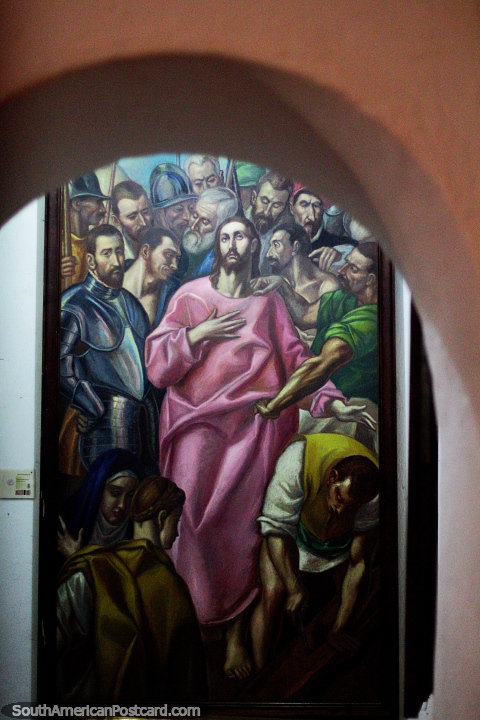 Religious art with Jesus dressed in pink, painting by Luis Alberto Acuna in Villa de Leyva. (480x720px). Colombia, South America.