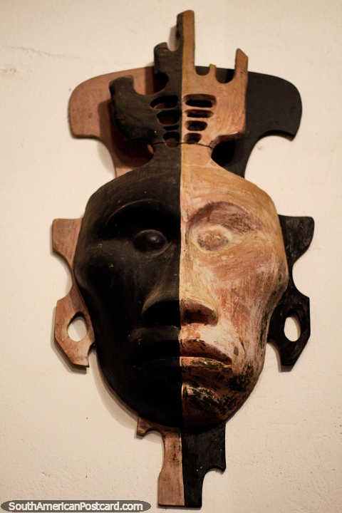 Half man, half ape, a mask on display at the museum of Luis Alberto Acuna in Villa de Leyva. (480x720px). Colombia, South America.