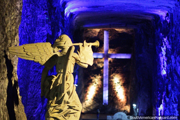 Angel blows a horn from the balcony towards the main chamber of the Salt Cathedral in Zipaquira. (720x480px). Colombia, South America.