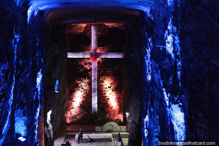 The main chamber and huge cross at the Salt Cathedral in Zipaquira, view from the balcony. (720x480px). Colombia, South America.