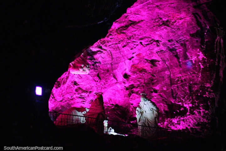 The Holy Family in pink light, part of the awesome light show at the Salt Cathedral in Zipaquira. (720x480px). Colombia, South America.