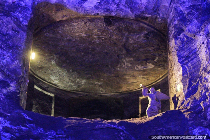 Looking up to the balcony, angel and dome from the main chamber of the Salt Cathedral in Zipaquira. (720x480px). Colombia, South America.