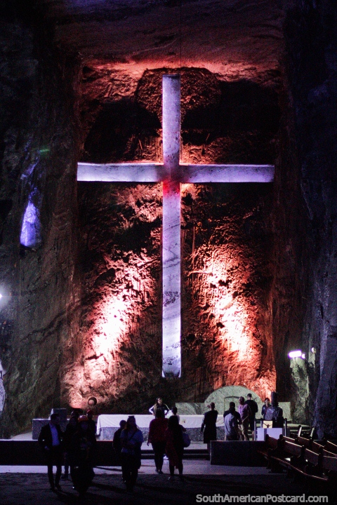 The altar and huge cross, the ultimate destination at the Salt Cathedral in Zipaquira! (480x720px). Colombia, South America.