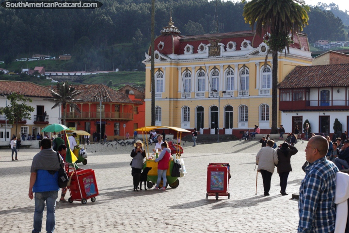 Big open and spacious plaza with handsome buildings surrounding in Zipaquira. (720x480px). Colombia, South America.