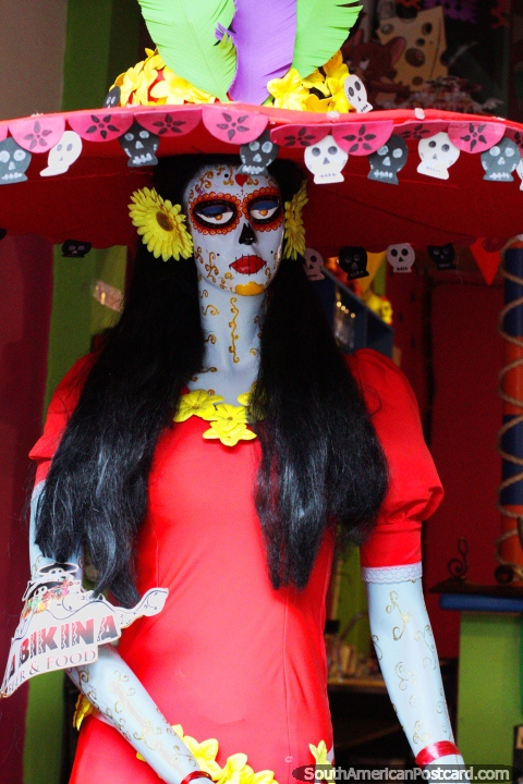 Colorful and fashionable zombie woman at La Bikina Restaurant in Zipaquira. (480x720px). Colombia, South America.