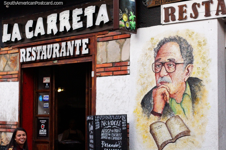 La Carreta Restaurant in Zipaquira with mural of Gabriel Garcia Marquez (1927-2014), a novelist, writer and journalist. (720x480px). Colombia, South America.
