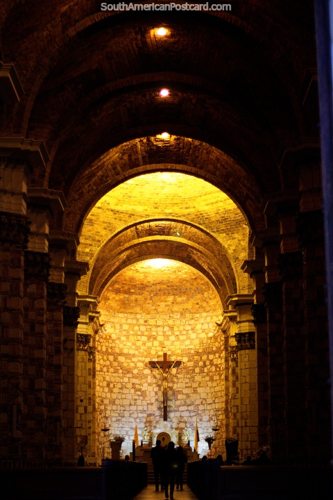 Inside the stone church in Zipaquira, arches and columns, not the Salt Cathedral. (480x720px). Colombia, South America.