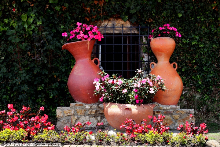 Grandes potes cerâmicos que mantêm flores rosa em jardins em volta da praça pública em Guatavita. (720x480px). Colômbia, América do Sul.
