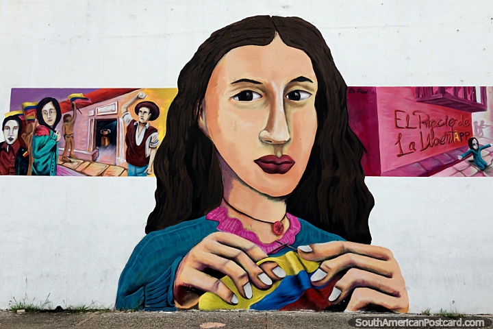 Mona Lisa look-alike and some interesting characters behind, street art in Girardot. (720x480px). Colombia, South America.