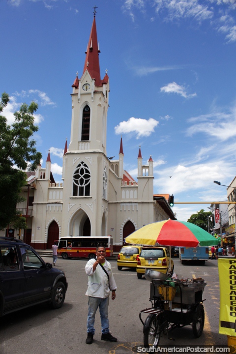 Church in Girardot - Iglesia del Perpetuo Socorro, white with red steeple. (480x720px). Colombia, South America.