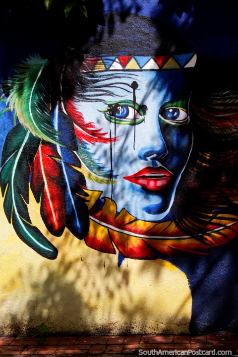 Mujer indígena con plumas en el pelo, impresionante arte callejero en Ricaurte, Girardot. (480x720px). Colombia, Sudamerica.