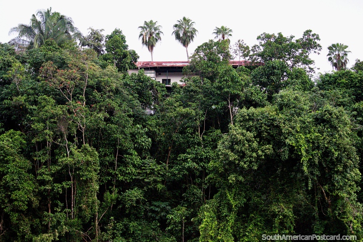 Un antiguo edificio con vistas al ro desde un acantilado en Girardot, una escena de la selva tropical. (720x480px). Colombia, Sudamerica.
