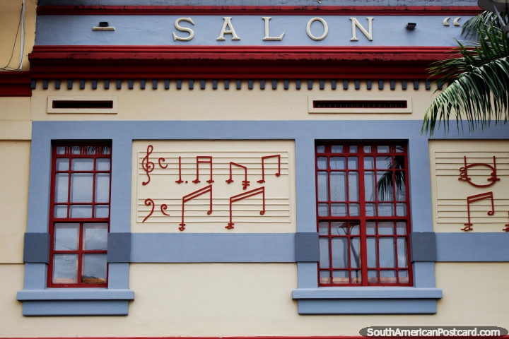 Salon of music with musical notes on a stave at the Park of Music in Ibague. (720x480px). Colombia, South America.