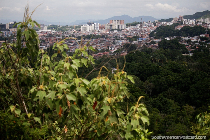 A cidade de Ibague na distância, examine do Miradouro o ponto de vigia de Sindamanoy em Jardins botânicos de San Jorge. (720x480px). Colômbia, América do Sul.