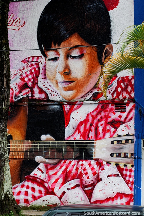 Chica en ropa roja brillante toca la guitarra, impresionante arte callejero en Ibague, la capital de la msica. (480x720px). Colombia, Sudamerica.