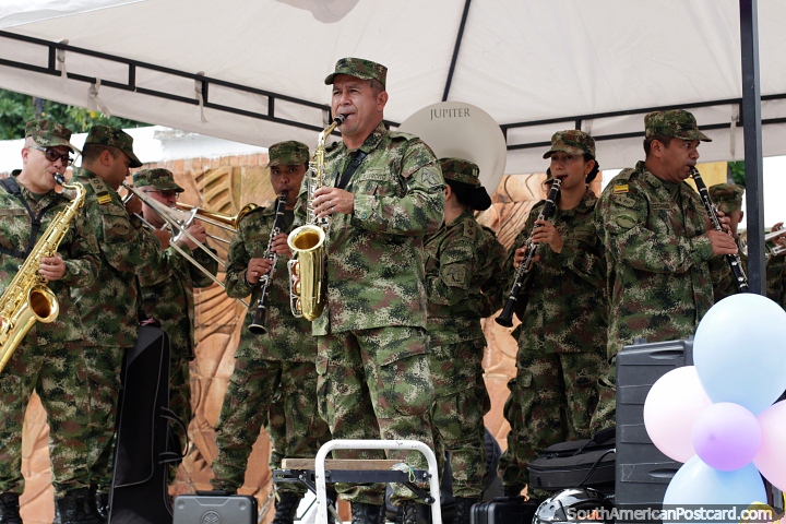 The army band play music on stage, everyone plays an instrument in Ibague! (720x480px). Colombia, South America.