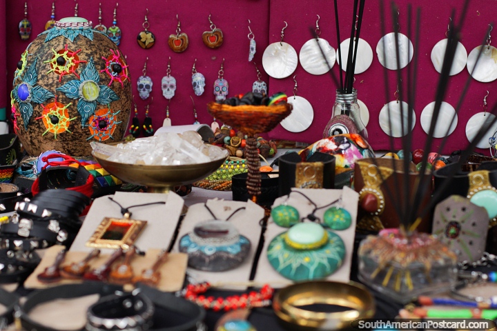 Bohemian style crafts and jewelry at the Arts and Crafts Fair in Ibague. (720x480px). Colombia, South America.
