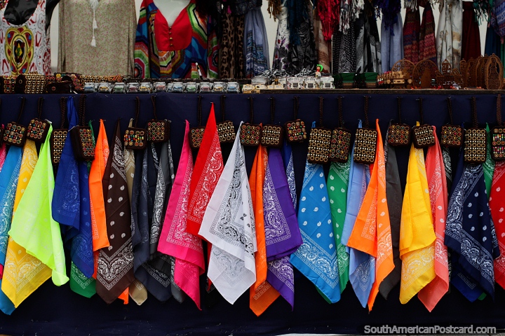 Fashionable and very colorful scarves for men and women at the Arts and Crafts Fair in Ibague. (720x480px). Colombia, South America.