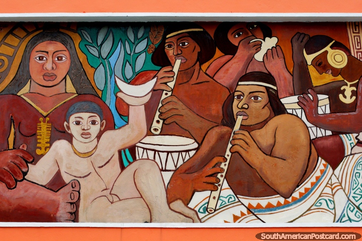 Indigenous people play musical instruments such as flute and bongos, professional mural in Ibague. (720x480px). Colombia, South America.