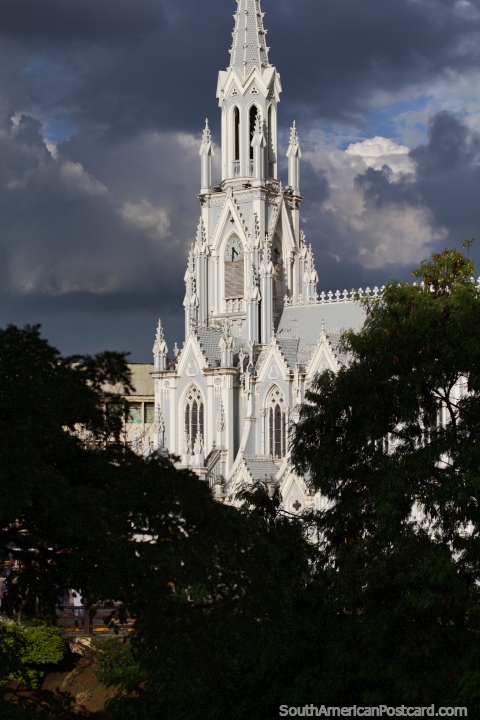 Neo-Gothic Ermita Church stands out in the sunlight, view from Retreta Park in Cali. (480x720px). Colombia, South America.