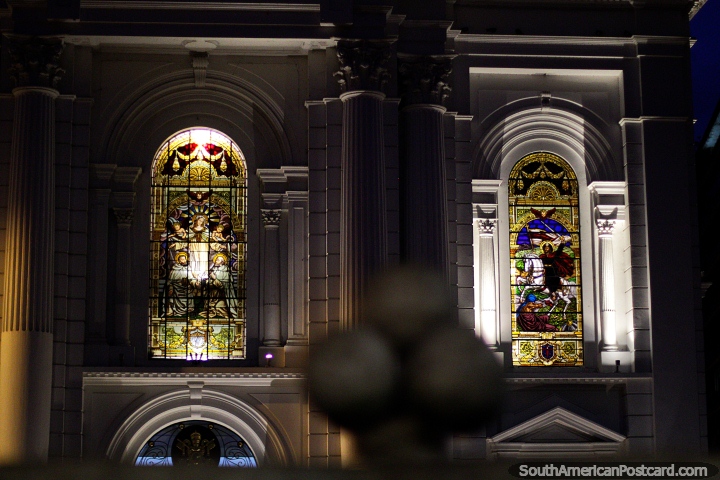 Pair of stained glass windows on the outside of the cathedral at Cayzedo Plaza in Cali. (720x480px). Colombia, South America.