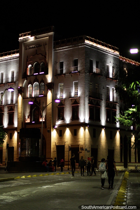The Coltabaco Building at night with lights beside Poets Plaza in Cali. (480x720px). Colombia, South America.