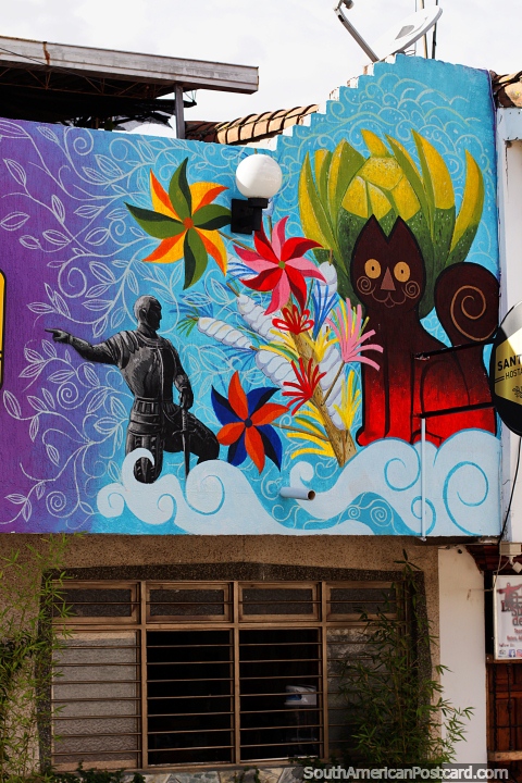 A arte de rua clareia e d o personagem a Vizinhana de San Antonio em Cali. (480x720px). Colmbia, Amrica do Sul.