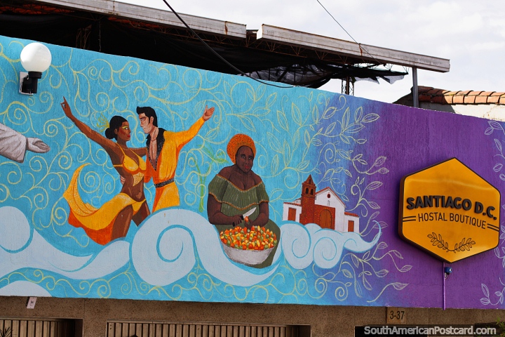 Par de bailarinos e uma mulher que prepara fruto, mural na Vizinhana de San Antonio em Cali. (720x480px). Colmbia, Amrica do Sul.