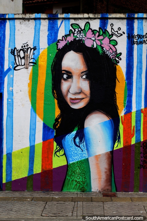 Woman with flowers in her hair, street art beside the river in Cali. (480x720px). Colombia, South America.