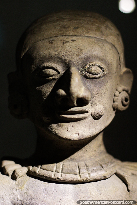 Amazing pottery of faces, pre-Columbian, La Merced Archaeological Museum, Cali. (480x720px). Colombia, South America.