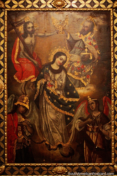 Coroação da imaculada conceição, pintura antiga em Museu da Arte Religiosa de La Merced em Cali. (480x720px). Colômbia, América do Sul.