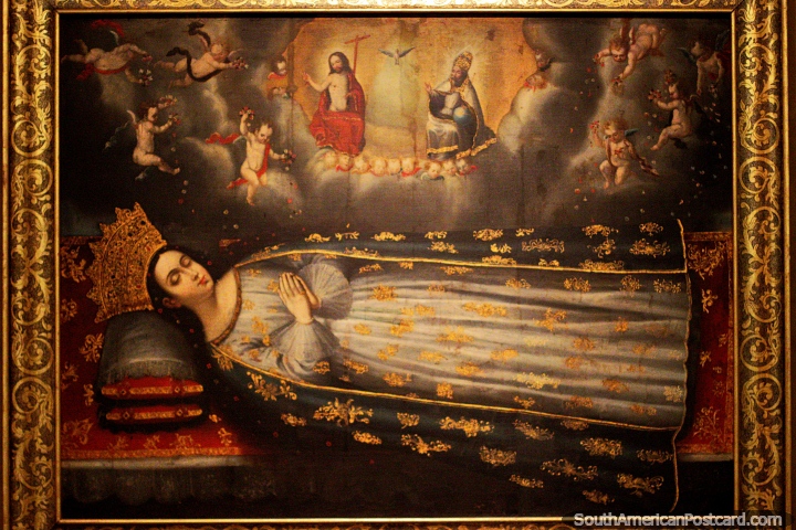 Dormition da Virgem, pintura antiga em Museu da Arte Religiosa de La Merced em Cali.  (720x480px). Colômbia, América do Sul.