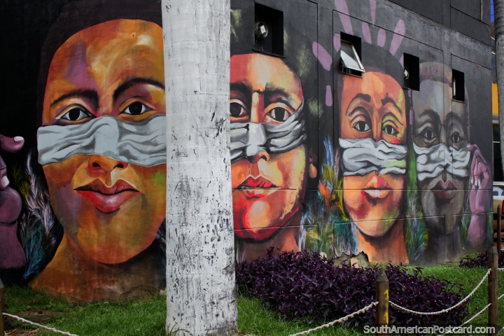 Professional mural of 4 indigenous men, spectacular street art in Cali by Anck Millan. (720x480px). Colombia, South America.