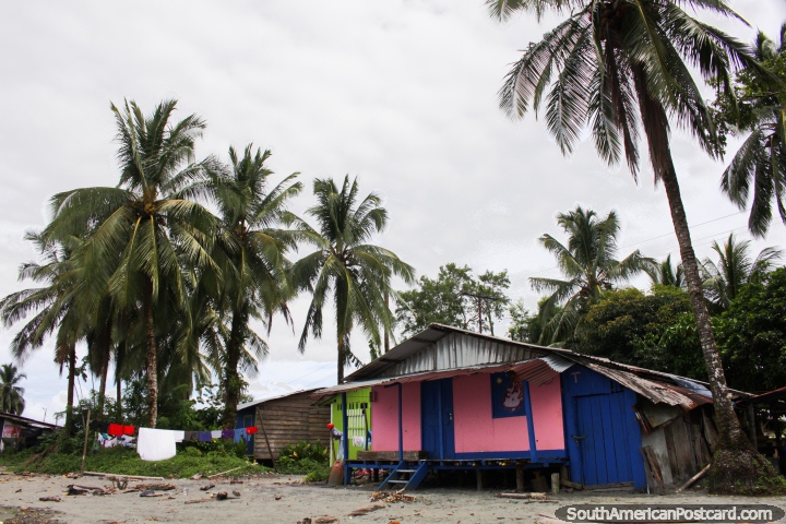 Las palmeras respaldan las casas de playa en la playa de Juanchaco, al norte de Buenaventura. (720x480px). Colombia, Sudamerica.