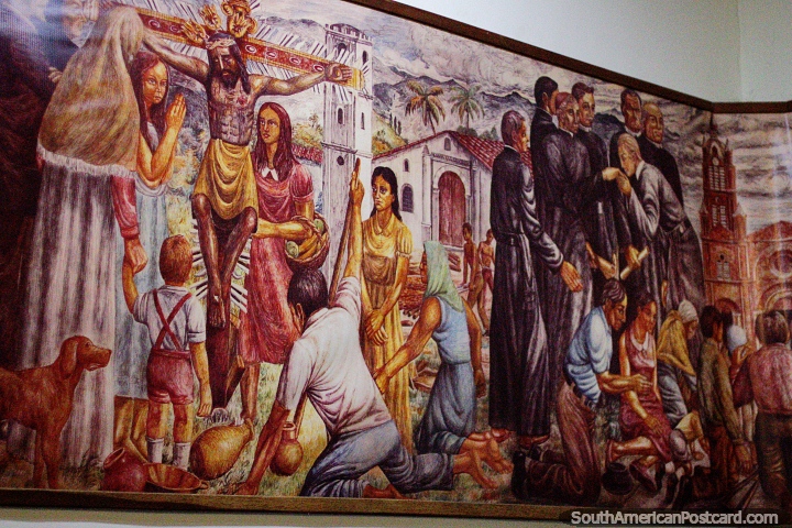 Jesus on the cross, an antique painting at the Lord of the Miracles Museum in Buga. (720x480px). Colombia, South America.