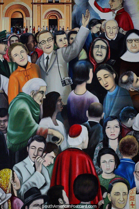 Painting of some of the 3 million people who visit the cathedral in Buga each year at the local museum. (480x720px). Colombia, South America.