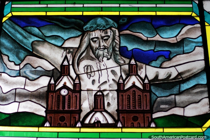 Stained glass window of Jesus and the famous cathedral in Buga - Basilica del Senor de los Milagros. (720x480px). Colombia, South America.