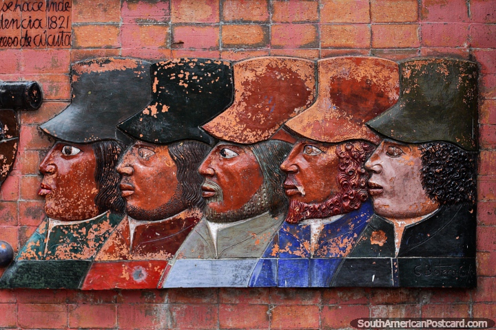 Artistic plaque at Plaza Bolivar in Manizales, 5 men with hats. (720x480px). Colombia, South America.