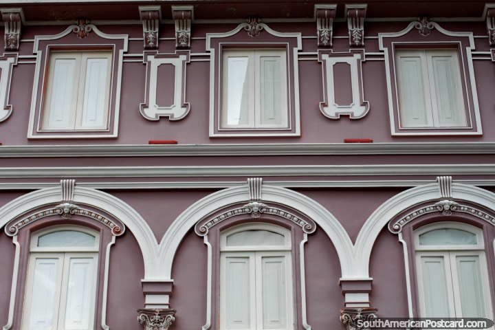 Nice windows and arches, a well-kept historic facade in Manizales. (720x480px). Colombia, South America.