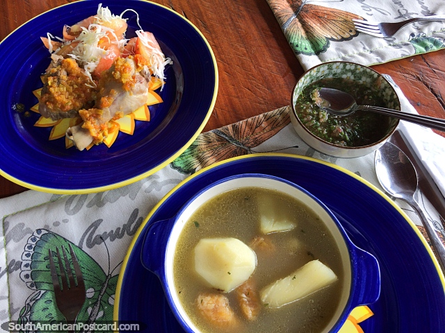 Lunch at Tinamu Nature Reserve consisted of chicken with vegetables, soup and juice, Manizales. (640x480px). Colombia, South America.