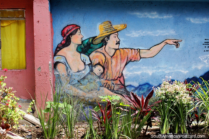 Man, wife and child, the 2nd mural depicting this scene that I saw in Medellin. (720x480px). Colombia, South America.