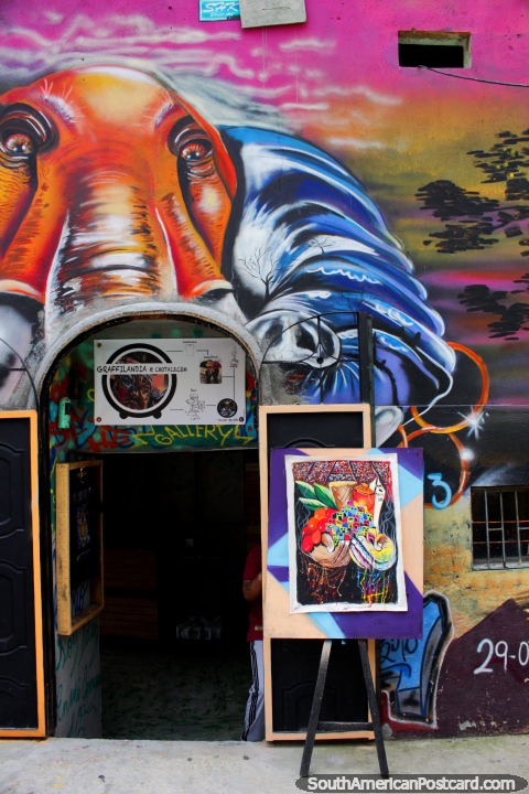 Graffilandia gallery of art and street murals in Comuna 13, Medellin. (480x720px). Colombia, South America.